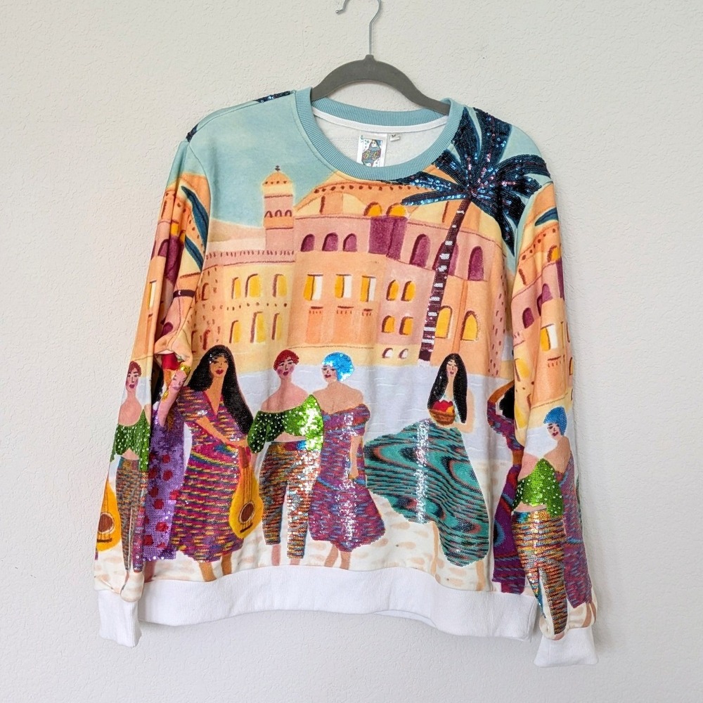 QUEEN OF SPARKLES Mediterranean Village Sequin Sweatshirt Women M Multi Artistic